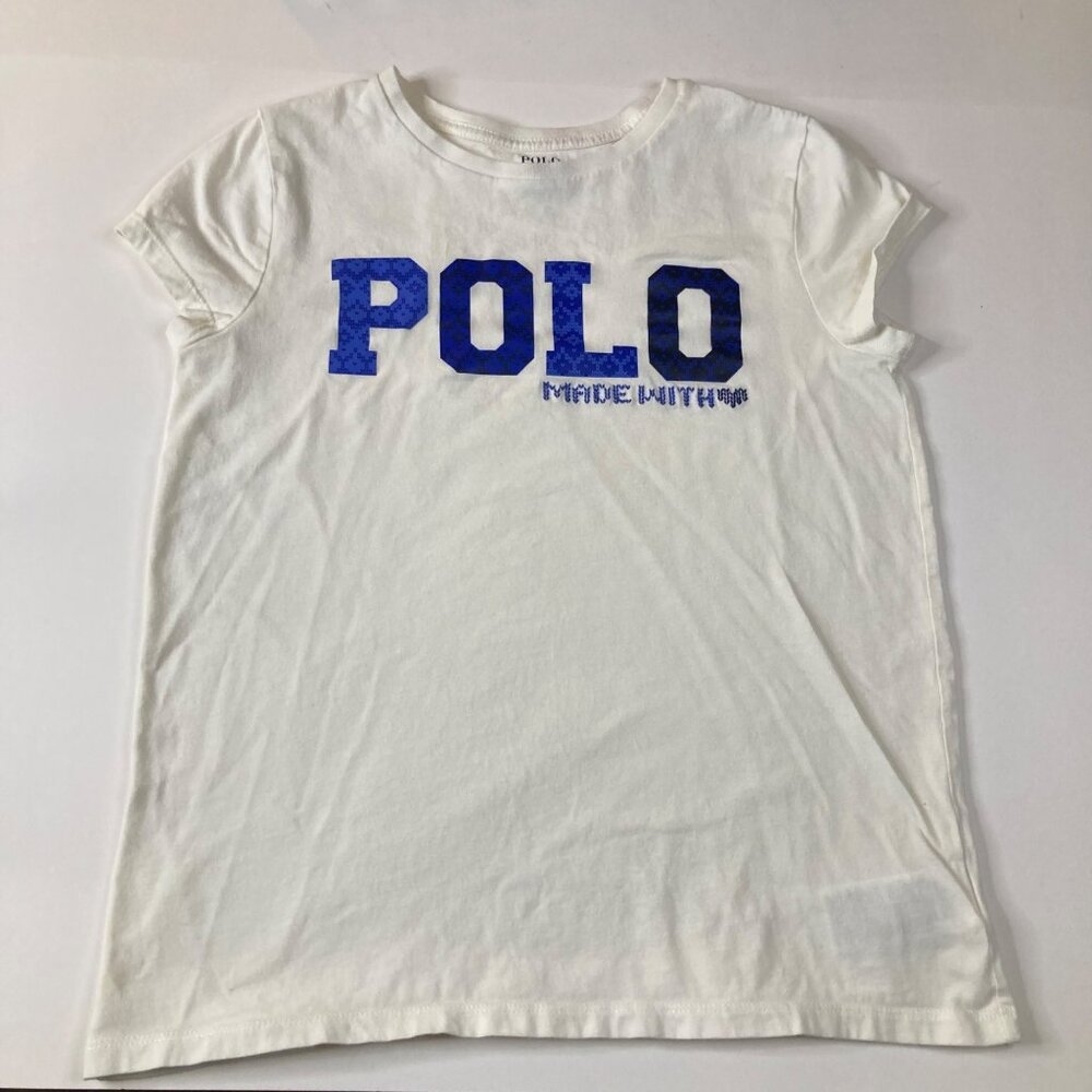 Polo Ralph Lauren Big Girls Polo Tee Made With Love White Blue L Cotton Short Sl